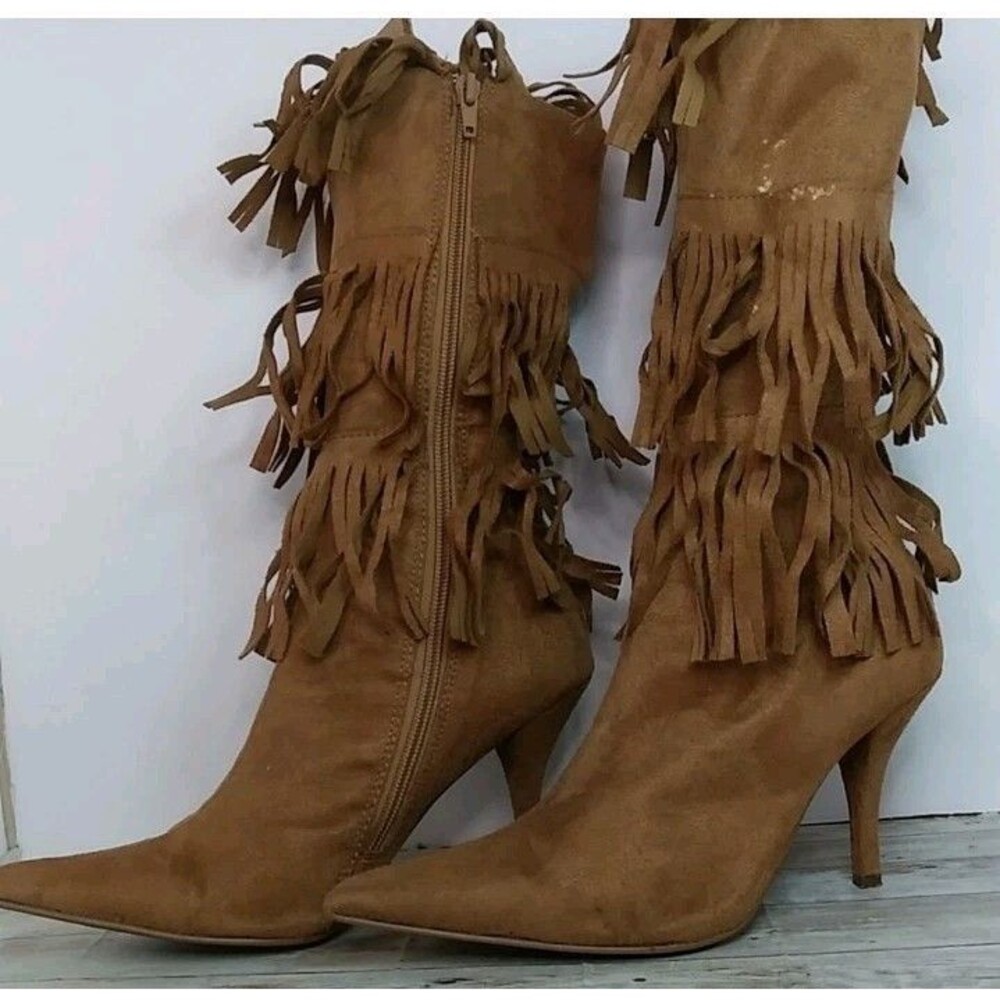 Charlotte russe women's Fringed Pointed toe Brown suede Boots High heel Sz 6 - Picture 6 of 9